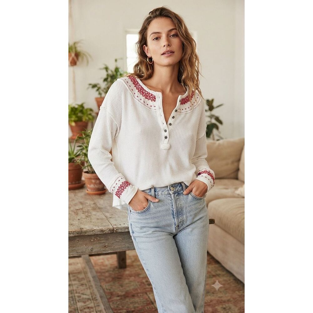 Free People We The Free White Waffle Knit Henley Top Red Embroidery Small